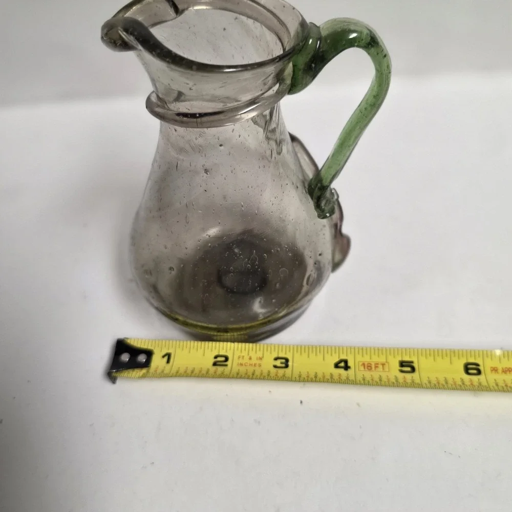 Hand Blown Art Glass Mini Pitcher Smoky Gray Seed Glass Applied Green Handle 6